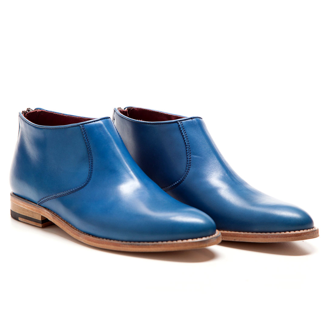 Blue leather Flat ankle boots for women 