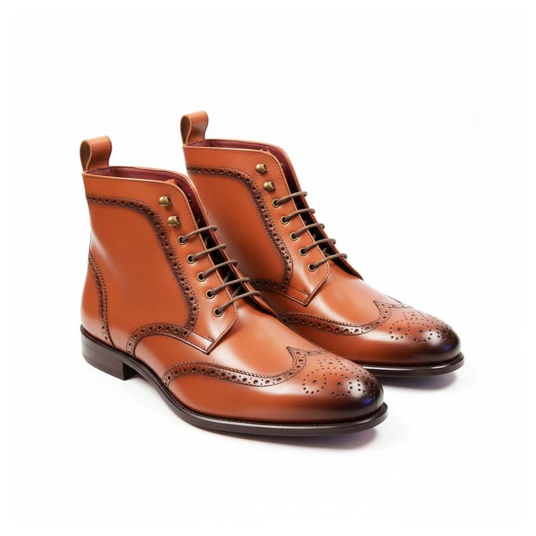 Classic brogue boots handmade in brown leather, with lace-up fastening and Beatnik Williams stitched leather sole.
