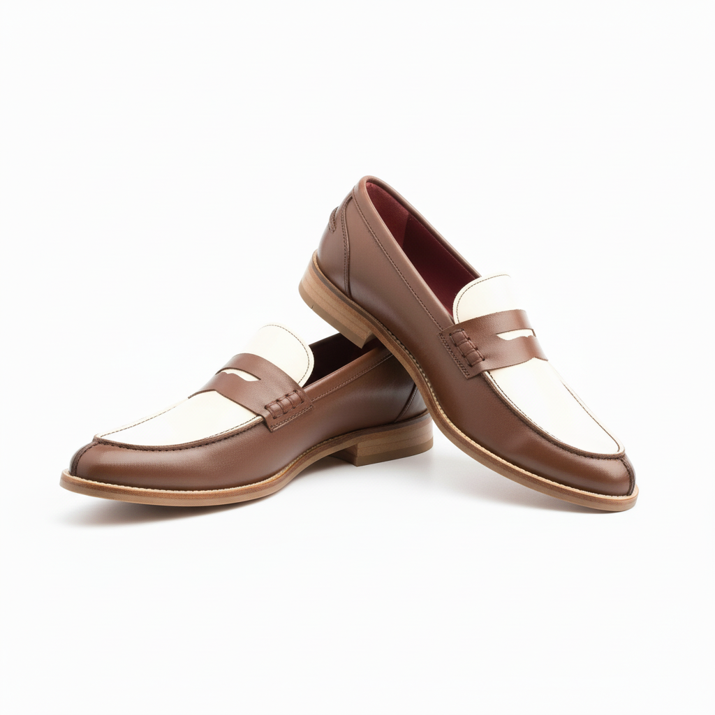 Penny loafers bicolores beige y marrón clásicos para mujer en piel hechos a mano en España por Beatnik Shoes Bessie Two Tone Brown