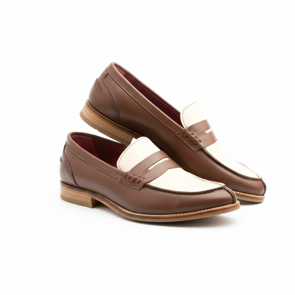 Penny loafers bicolores beige y marrón clásicos para mujer en piel hechos a mano en España por Beatnik Shoes Bessie Two Tone Brown