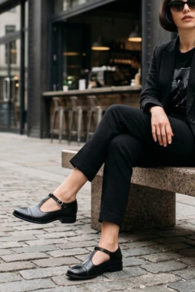 Beatnik Martha Black black leather Mary Jane shoes handmade in Spain, woman sitting on urban street