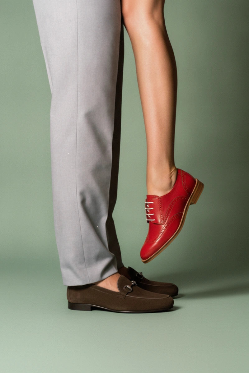 Scarpe Oxford rosse da donna e mocassini marroni da uomo di Beatnik Shoes, realizzati artigianalmente in Spagna.